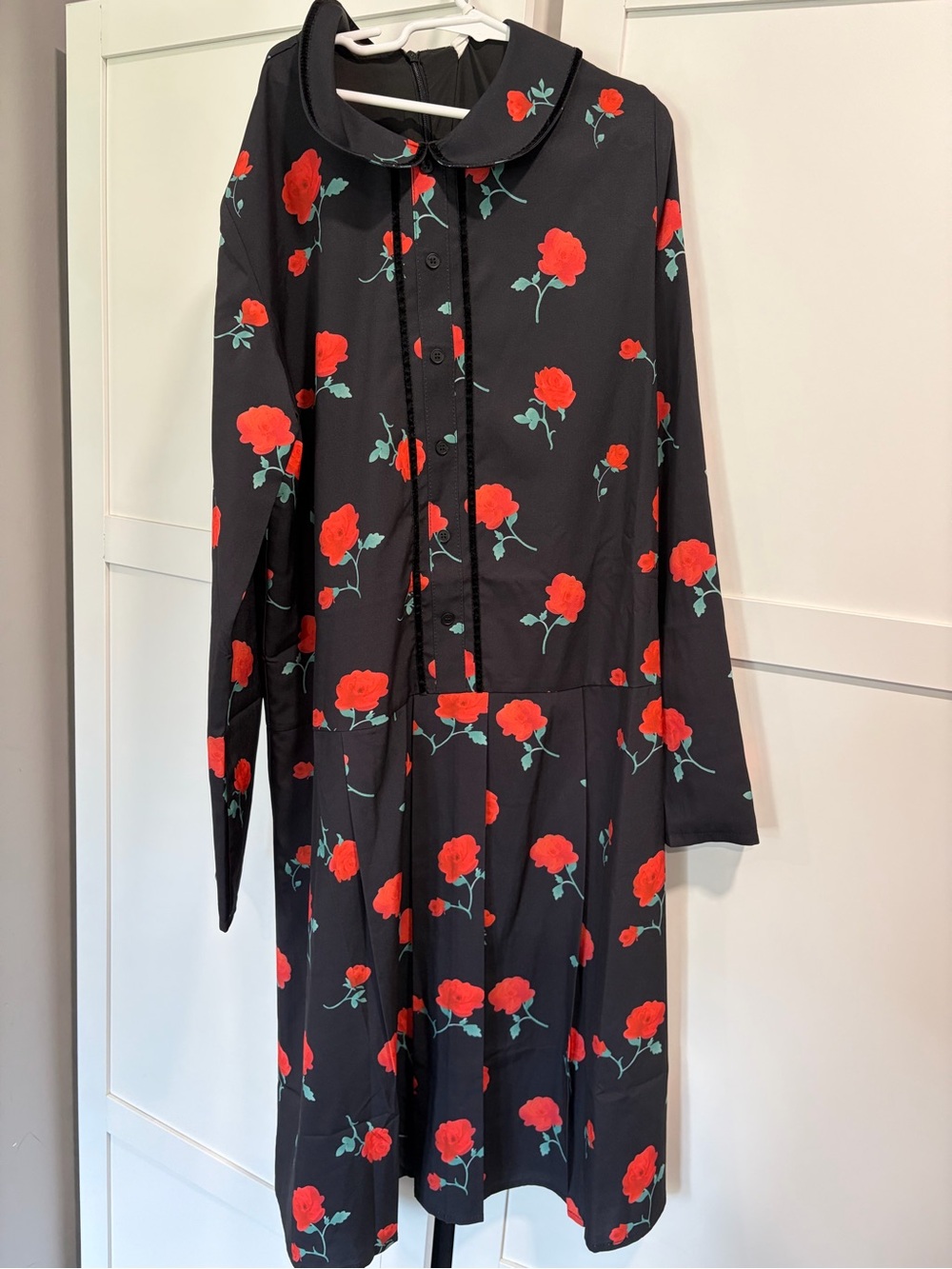 Girls Black Dress with Red Rose Print and Peter Pan Collar